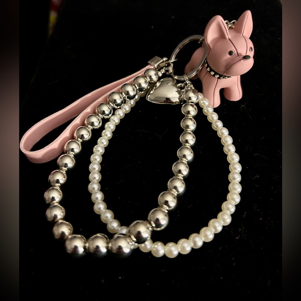 Pink Frenchy Dog Keychain with Pearl and Silver Beads